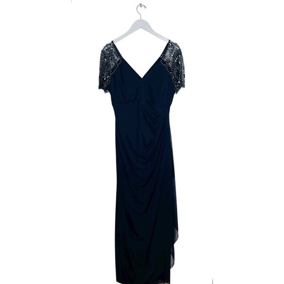 Xscape Dress Navy Blue Long Beaded Ruffle Wedding Cruise Formal Size 12 NWT - Picture 4 of 6